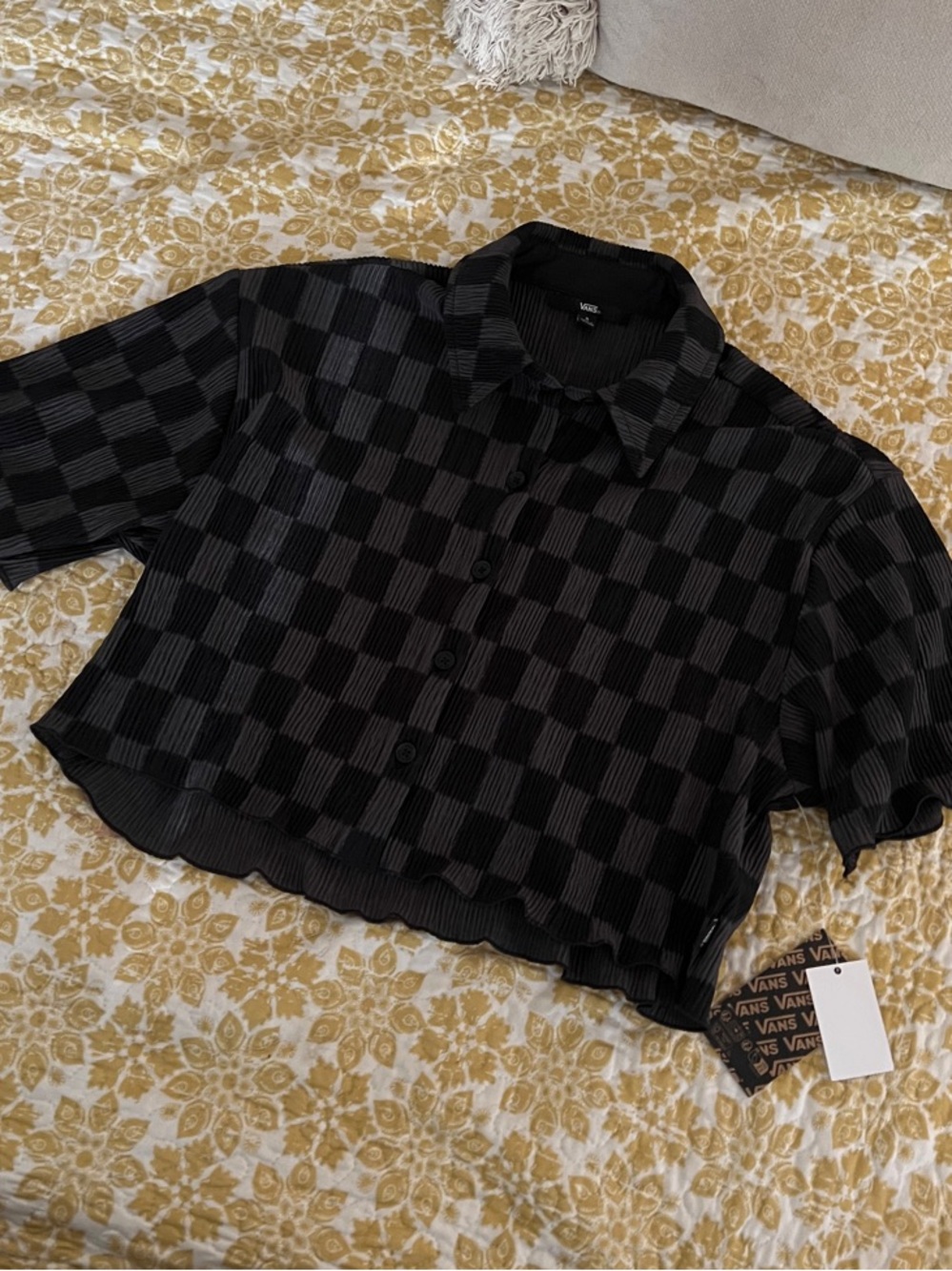 Vans Black Checkered Short-Sleeve Button Front Crop Shirt